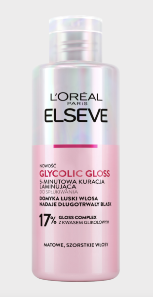 5-minutowa kuracja laminująca L'Oréal Paris Elseve Glycolic Gloss z 17% kwasem glikolowym, zamyka łuski włosa i nadaje blask.