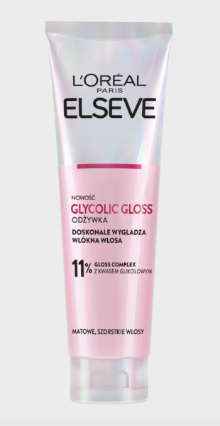 Odżywka L'Oréal Paris Elseve Glycolic Gloss z 11% kwasem glikolowym, wygładza włókna włosów, idealna do matowych włosów.