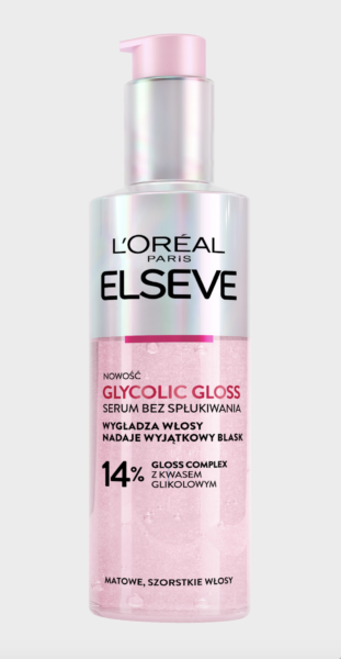 Serum bez spłukiwania L'Oréal Paris Elseve Glycolic Gloss z 14% kwasem glikolowym, zapewnia wyjątkowy blask i gładkość włosom.