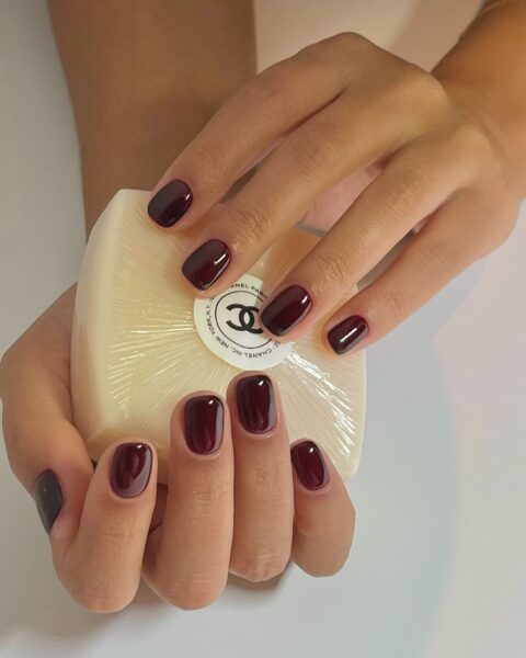 Kobieta ukazujące swoje pięknie zadbane dłonie, trzymając kostkę mydła Chanel. Jej paznokcie są koloru burgundowego niczym paznokcie dark rose nails, które są hitem 2024 roku. Obrazek jest czysty, minimalistyczny i cieszy oko