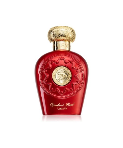 Perfumy arabskie Lattafa Opulent Red w czerwonym flakonie ze złotą zakrętką.