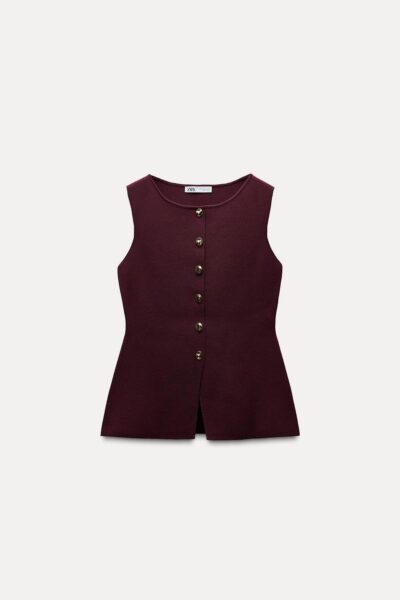Elegancka kamizelka w bordowym kolorze z najnowszej kolekcji Zara na zimę 2025