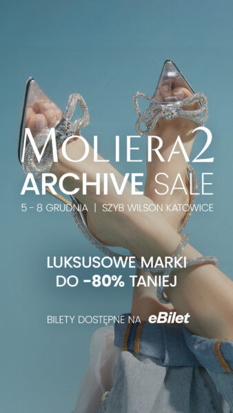 Reklamowe zdjęcie promujące Moliera2 Archive Sale, przedstawiające eleganckie buty z kryształowymi zdobieniami, idealne na wyjątkowe okazje.