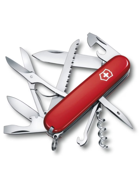 Wielofunkcyjny scyzoryk Victorinox w kolorze czerwonym z rozłożonymi ostrzami i narzędziami.