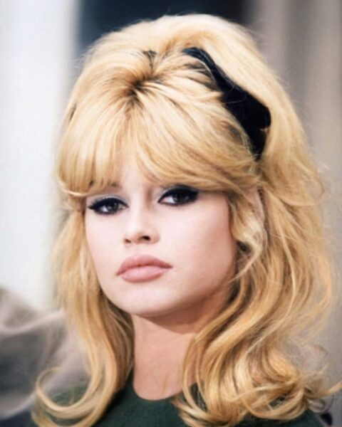 Brigitte Bardot i jej znak rozpoznawczy, czyli francuska grzywka zaczesana na boki. Do tego ma półupięcie związane aksamitną wstążką. Ubrana jest w ciemnozieloną bluzkę. Ma klasyczny, mocny makijaż z czarną kreską. Patrzy prosto w obiektyw.