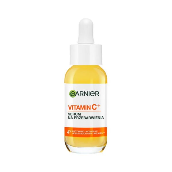 Serum Garnier Vitamin C+ na przebarwienia – buteleczka z pipetą zawierająca serum do twarzy z witaminą C, niacynamidem i kwasem salicylowym. Skutecznie rozjaśnia skórę i redukuje przebarwienia.