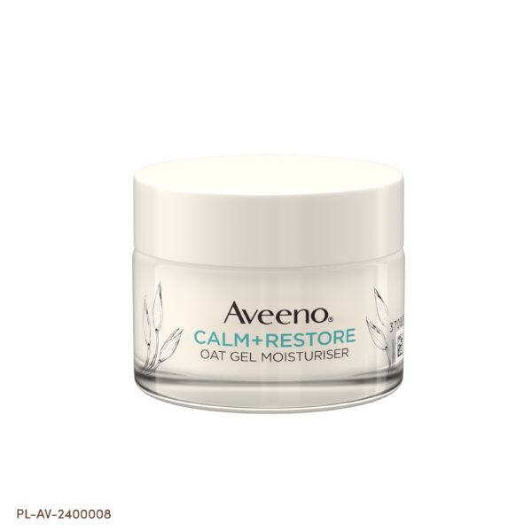 Słoiczek żelu nawilżającego Aveeno Calm + Restore Oat Gel Moisturiser – kosmetyk przeznaczony do skóry wrażliwej, zamknięty w przezroczystym opakowaniu z białą zakrętką i delikatnymi ilustracjami owsa, podkreślający naturalny i kojący charakter produktu.