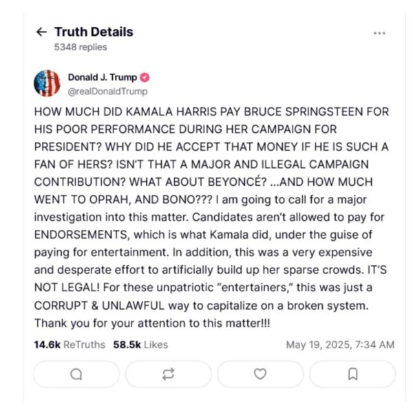 Screen z wyzwiskami Donalda Trumpa na platformie Truth Social.