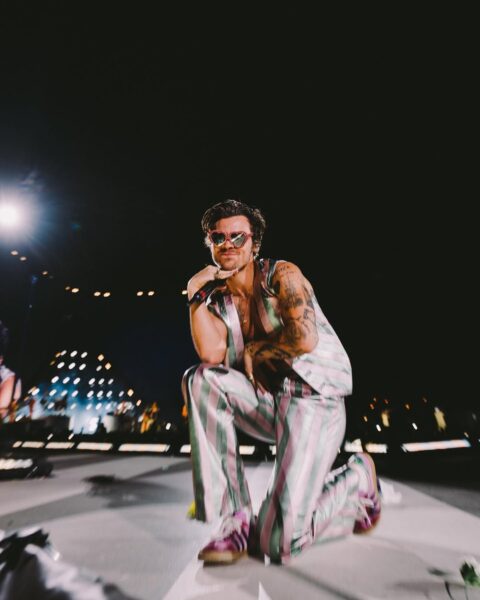 Harry Styles konklawe: gwiazdor pozujący na scenie na tle fanów w połyskującym ubraniu.