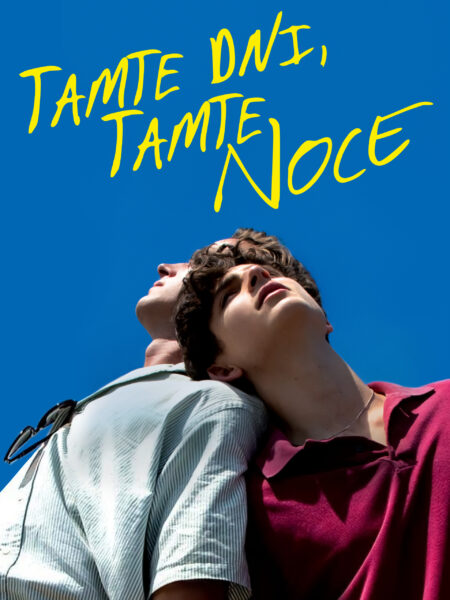 Plakat filmu 'Tamte dni, tamte noce' na tle intensywnie niebieskiego nieba. Dwóch młodych mężczyzn stoi blisko siebie – jeden w zielonej koszuli z zawieszonymi okularami, drugi w bordowej koszulce polo, opiera głowę na ramieniu pierwszego. Ich twarze są zwrócone ku górze, w stronę słońca. Nad nimi, żółtym odręcznym pismem, widnieje tytuł filmu.