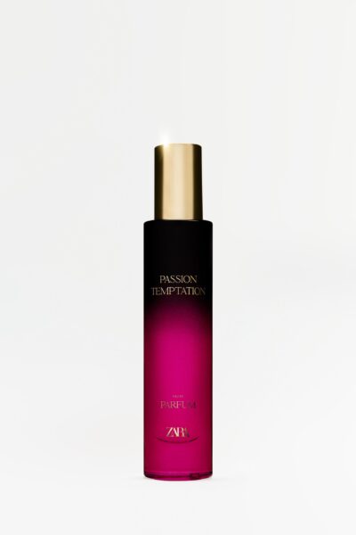 Smukły flakon perfum Passion Temptation marki Zara z gradientowym przejściem od czerni do fuksji i eleganckim złotym korkiem. Zapach zawiera intensywne nuty malin, szafranu, praliny i piżma, tworząc zmysłową i wieczorową kompozycję o orientalnym wykończeniu.