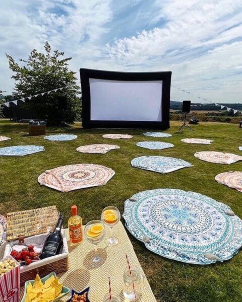 Zdjęcie przedstawiające kino plenerowe na wielkiej łące. Widać ekran ozdobiony girlandami. Przed nim rozłożono koce do siedzenia, widać też stolik z wyposażeniem, trunkami i przekąskami.