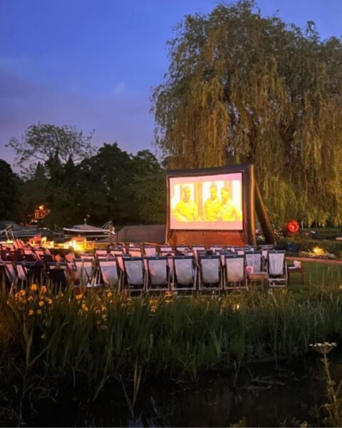 Zdjęcie przedstawiające kino plenerowe nad jeziorem, przy płaczącej wierzbie. Widać rzędy leżaków oraz wielki ekran.