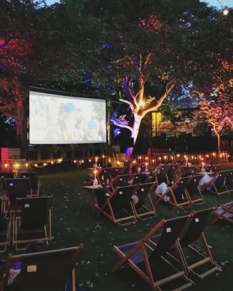 Zdjęcie przedstawiające kino plenerowe na małym ogrodzie, dokoła drzewa przystrojone lampkami. Widać ekran z wyświetlanym filmem oraz rzędy leżaków.