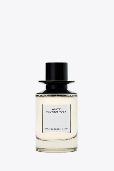 Zdjęcie produktowe perfum Zara White Flower Posy. Minimalistyczne opakowanie, biała etykieta, czarna nakrętka.