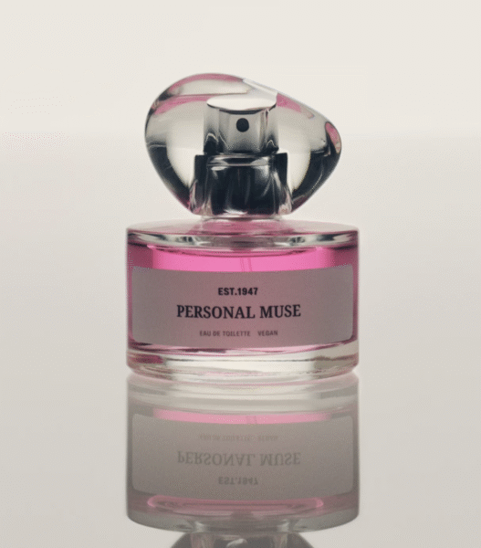 Intensywnie różowe perfumy „Personal Muse” w przezroczystym flakonie z grubego szkła, odbijające się w lustrzanej powierzchni. Szklany korek o nowoczesnej formie i klasyczna etykieta z napisem „EST. 1947” dopełniają wrażenia luksusu i kobiecej energii.